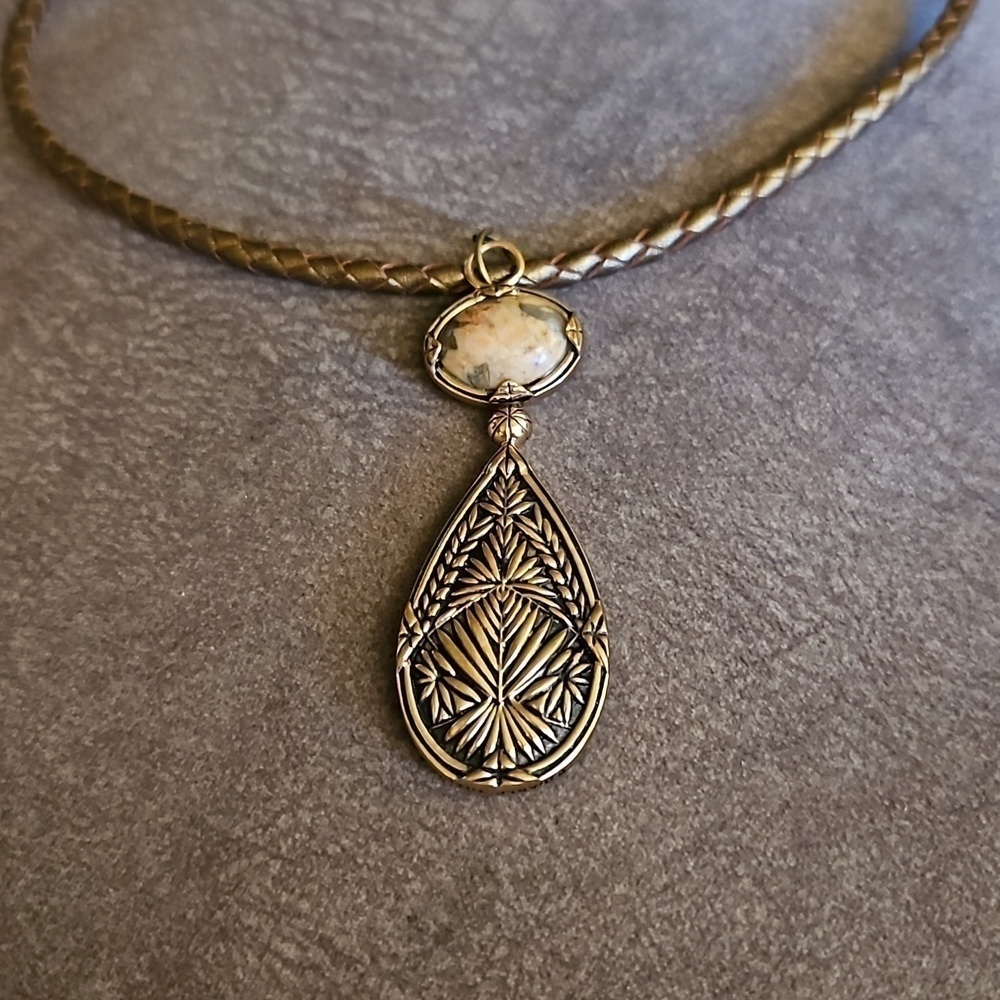 BARSE Interchangeable Jasper Turquoise Pendant Bronze Leather Cord Necklace - Picture 8 of 11